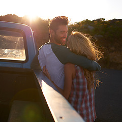 Image showing Hug, truck or happy couple on road trip in nature on romantic holiday vacation for bonding on date. Car, travel or people hugging to embrace on fun summer weekend break with romance in park together