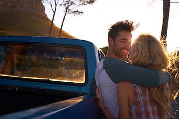 Image showing Hugging, car or happy couple on road trip in nature on romantic, holiday or vacation for bonding on date. Truck, travel or people hug or embrace on summer weekend trip with romance in park together