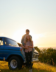 Image showing Kiss, truck or happy couple in nature on romantic holiday vacation for bonding on road trip date on mockup. Car travel, space or people hugging to embrace on summer weekend break with romance in park