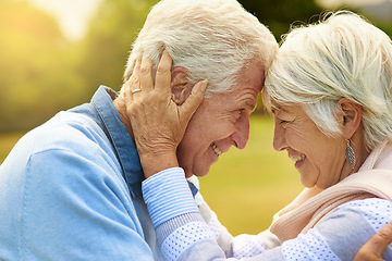 Image showing Forehead, smile and senior couple with love, marriage and retirement with romance, bonding and loving together. Partners, elderly woman or old man with happiness, relationship and romantic with trust