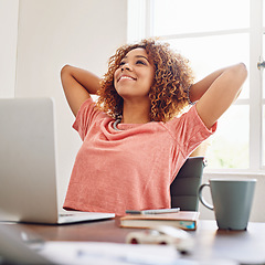 Image showing Woman, relief and smile in home office with laptop, relax or daydream for goal, future or career. Happy seo expert, female creative and thinking for vision, memory or idea by computer for remote work