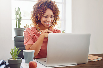 Image showing Woman, business student and smile at laptop for planning, technology and internet in startup agency. Happy african female worker, office intern and connect on computer, website and online research