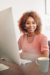 Image showing Call center, happy woman and portrait of consultant at computer, help desk and customer services. African telemarketing agent smile for online consulting, telecom administration and technical support