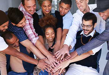 Image showing Diversity, happy people and hands in collaboration, team building and support of success, goals and trust together. Motivation, excited group and celebrate teamwork, winning achievement or solidarity