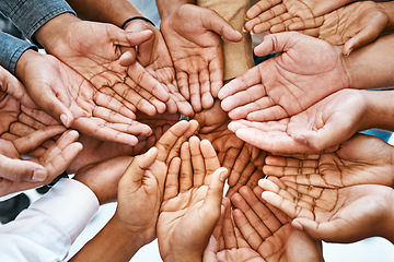 Image showing Hands, palm and diversity of people in circle of charity, support and community together from above. Closeup, helping hand and teamwork for crowdfunding, donation and society of peace, unity and care