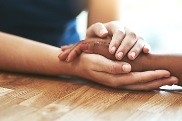 Image showing Support, care and together with people holding hands for hope, trust and empathy. Diversity, forgive and friends with helping hand, respect and help through cancer grief or consoling with connection