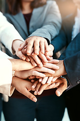 Image showing Closeup, business and team with hands, stack and collaboration with teamwork, brainstorming and planning. Zoom, group and staff with partnership, fingers and motivation with solidarity and support