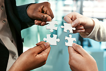 Image showing Puzzle, team building and hands of business people for strategy, partnership and solution. Work, corporate and a group of employees with a jigsaw for an idea, mission or company problem solving