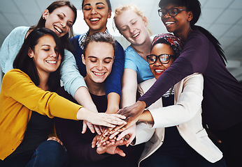 Image showing Teamwork, support and people hands stacked for collaboration, target or team building, solidarity and diversity group. Circle, happy and business women and men with together sign and startup mission