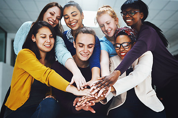 Image showing Teamwork, collaboration and people hands stacked for support, target or team building, solidarity and diversity group. Circle, happy and business women and men with together sign and startup mission