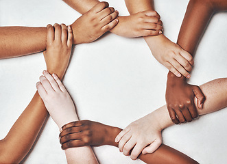 Image showing People, integration and hands together isolated on a white background in solidarity, support and diversity collaboration. Circle, strong and community power of women and men in synergy sign in studio