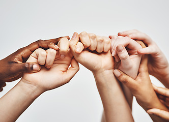 Image showing Group, diversity and holding hands isolated on a white background for solidarity, support and collaboration. Love, power and community of people and hand or palm together sign for hope, faith or care