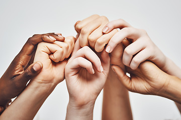 Image showing People, group diversity and holding hands isolated on a white background for solidarity, support and collaboration. Love, power and community of women and men hand or palm together for hope or care
