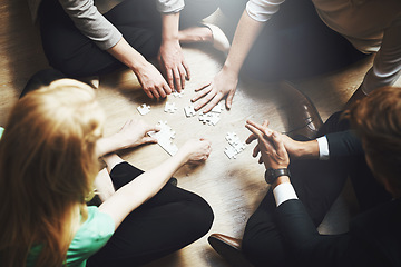 Image showing Puzzle, group and people thinking, teamwork and solution, collaboration or workflow in problem solving and challenge. Team building games, project development and women or men in circle brainstorming