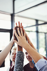 Image showing High five, group and business people in success, support and teamwork for company sales, project goals and winning. Yes, celebration and women and men or team hands together for help or target reach