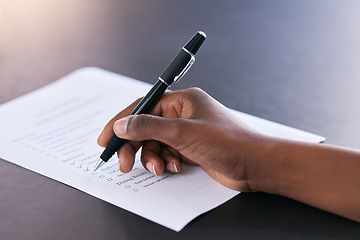 Image showing Checklist, paper and hands writing a schedule, agenda or planning administration at work. Receptionist, plan and person with notes on a document for information, project management or working