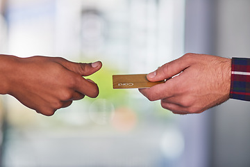 Image showing Credit card, hands and payment for a service, product or shopping at a store. Finance, giving and people with a transaction of money to pay for a sale, retail or banking as a customer in a shop