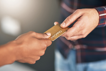 Image showing Closeup, hands and man with a credit card, payment and transaction with discount, sales and retail. Zoom, buyer and shopper with banking, shopping and customer with plastic, paying and services