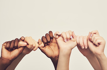 Image showing Mockup, hands and group holding thumb, support and community against a studio background. Zoom, people or friends with teamwork, solidarity or partnership with collaboration, fingers or cooperation