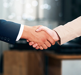 Image showing Handshake, agreement and business people with deal, partnership or collaboration. Shaking hands, cooperation and employees with opportunity, acquisition or b2b negotiation, congratulations and mockup