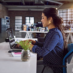 Image showing Laptop, typing or business woman working on advertising data analysis, social media statistics or customer experience insight. Brand monitoring profile, app ux research or person review web analytics