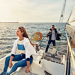 Image showing People, ocean and boat on holiday for adventure on transportation with sunshine. Together, yacht and outdoor to cruise at sea for travel with luxury on waves and water during the summer to relax.