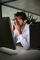 Image showing Tired, night and a businessman with a headache at work, deadline burnout and frustrated. Stress, problem and a corporate employee in a dark office with anxiety or depression from an email on a pc