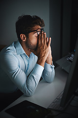 Image showing Stress, night and a businessman with a headache at work, deadline burnout and frustrated. Sad, problem and a corporate employee in a dark office with anxiety or depression from an email on a pc