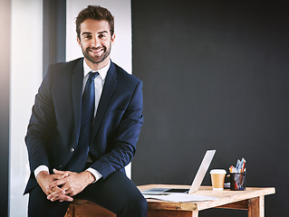 Image showing Business, portrait and happy man in office for professional mindset, confidence and career management with space. Corporate employee, boss or person on workplace desk for planning with smile for job