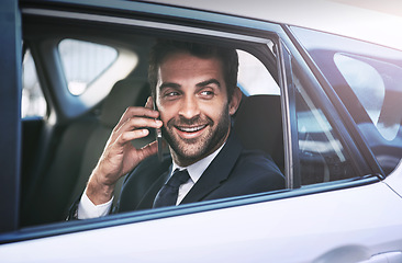 Image showing Phone call, travel and business man in car, thinking and speaking on journey. Cellphone, taxi and male professional calling, smile and communication, discussion or conversation in motor transport.