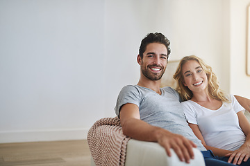 Image showing Smile, portrait or happy couple in home with trust, commitment or loyalty together bonding or smiling. Wellness, lovers or woman enjoys quality time with a romantic man on holiday weekend break