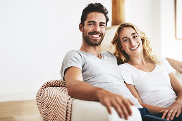 Image showing Smile, portrait or happy couple in home bonding or smiling with trust, commitment or loyalty together. Relax, lovers or woman enjoys quality time with a romantic man on holiday weekend break