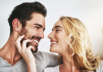 Image showing Smile, faces or happy couple in house bonding or smiling with trust, romance or loyalty together. Eye contact, affection or woman loves quality time with a romantic man on holiday weekend at home