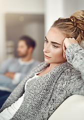 Image showing Argument, stress and sad woman in a fight with her boyfriend in the living room of their apartment. Divorce, depression and young female person with conflict or breakup i couple therapy for marriage