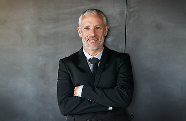 Image showing Happy, portrait and a businessman with a smile and arms crossed in studio. Confident senior entrepreneur or executive person with corporate clothes, positive mindset and career pride on mockup space