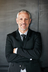 Image showing Business man, happy and portrait with a smile and arms crossed in studio. A confident senior entrepreneur or executive person on a grey wall with corporate clothes, positive mindset and career pride