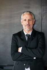 Image showing Businessman, portrait and happy with a smile on face with arms crossed in studio. A senior entrepreneur or executive person on a grey wall with corporate clothes, positive mindset and career pride