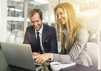 Image showing Man, woman and laptop with partner, research and smile with pointing for project, ideas or company vision. Businessman, partnership and computer with discussion, teamwork and consulting with analysis