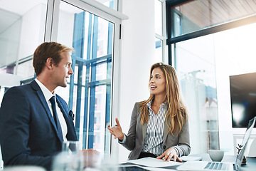 Image showing Meeting, man and woman brainstorming, collaboration and conversation for ideas, target and teamwork. Staff, happy employees and partnership for profit growth, company development and startup success