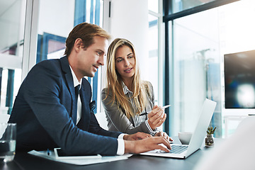 Image showing Man, woman and laptop with corporate partner, planning or typing for project, proposal and company vision. Businessman, partnership and computer with discussion, teamwork and consulting with analysis