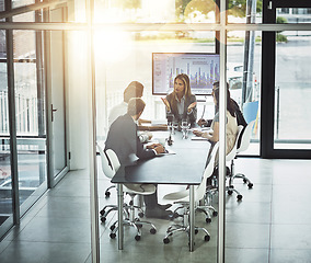 Image showing Business meeting, coaching and people in office for planning, discussion and problem solving. Team, collaboration and woman leader with group in a boardroom for sharing training, growth and vision