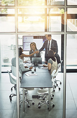 Image showing Business people, partnership and b2b handshake in office for collaboration, trust and startup deal. Businessman, shaking hands and team in a boardroom for meeting, integration and thank you gesture