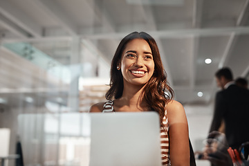 Image showing Laptop, idea and glass with a business woman in the office, working while sitting at her desk. Computer, thinking or smile and a happy young female employee with a vision of the future at work