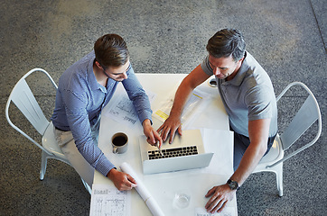 Image showing Office laptop, architect and business people planning development project, digital blueprint review or design plan. Reading info, cooperation and top view of team working on architecture discussion