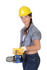 Image showing Beauty woman with chainsaw