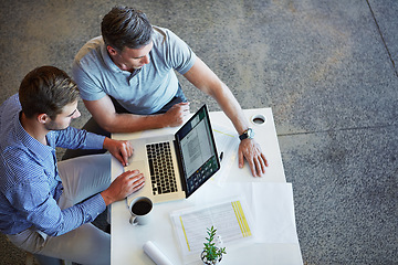 Image showing Office laptop, communication and business people teamwork on planning, research project or monitor web traffic. Information, cooperation and top view of team working on customer experience feedback