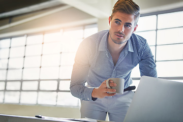 Image showing Morning coffee, office laptop and business man think of sales plan, company administration or stats analysis. Tea drink, ecommerce and male businessman working on online research for agency review