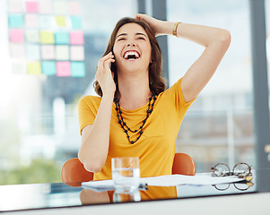 Image showing Woman laughing in office, funny and phone call communication with business contact or conversation. .Positivity, professional and female person networking in casual discussion on mobile with laughter