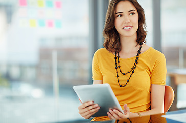 Image showing Business woman is thinking with tablet in office, ideas and inspiration for project with focus at digital marketing agency. Creative female designer, think of content for website and tech with mockup