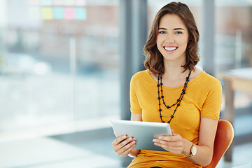 Image showing Business woman in portrait with tablet in office, ideas and inspiration for project at digital marketing agency. Creative female designer, app development and web design with tech and mockup space